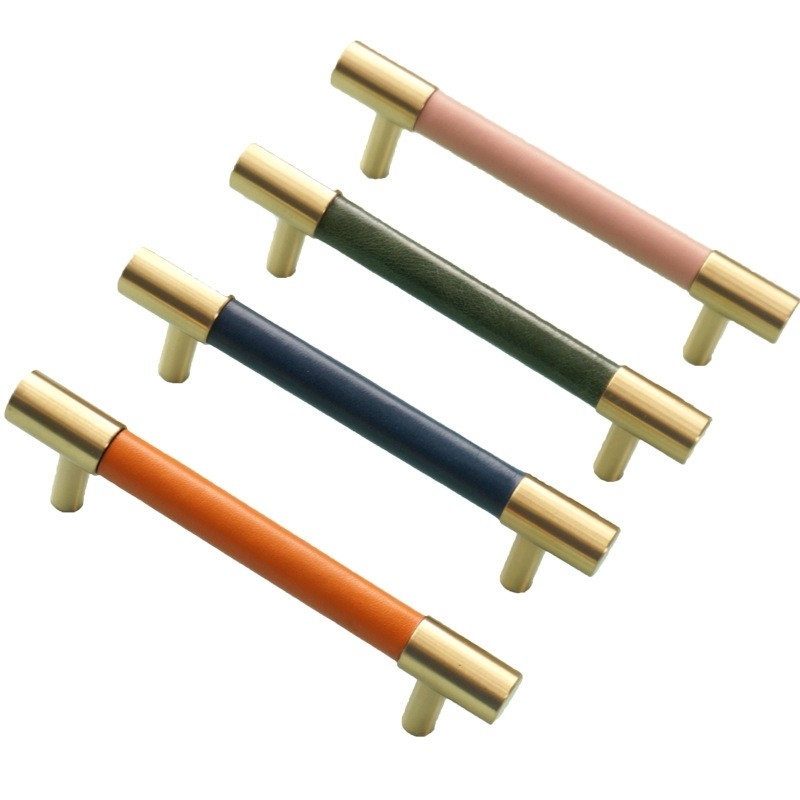 5 inch echt lederen handgrepen kast Messing T Bar Pulls Roze enkel gaatjes knoppen